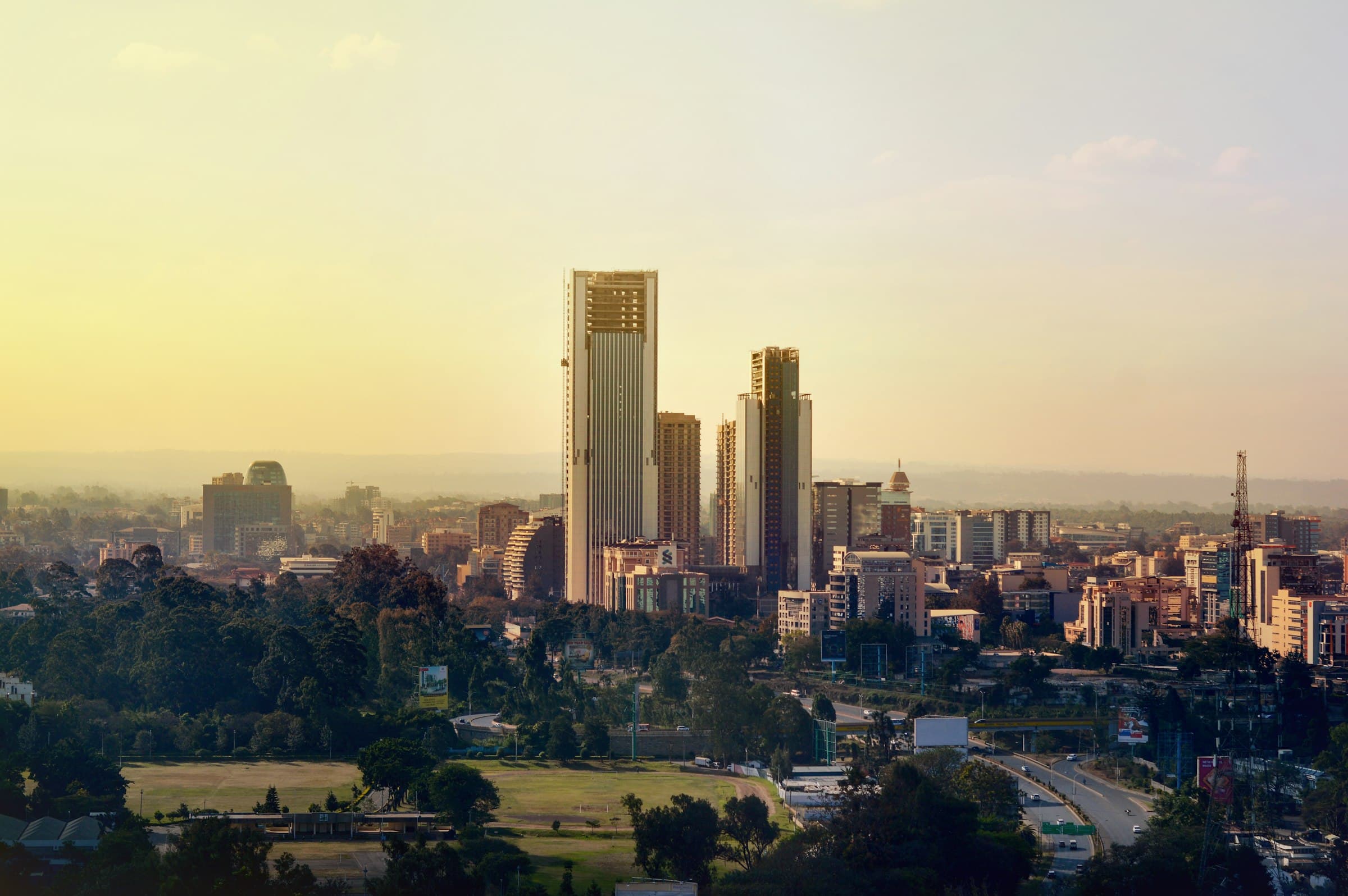Nairobi's central business district skyline at golden hour