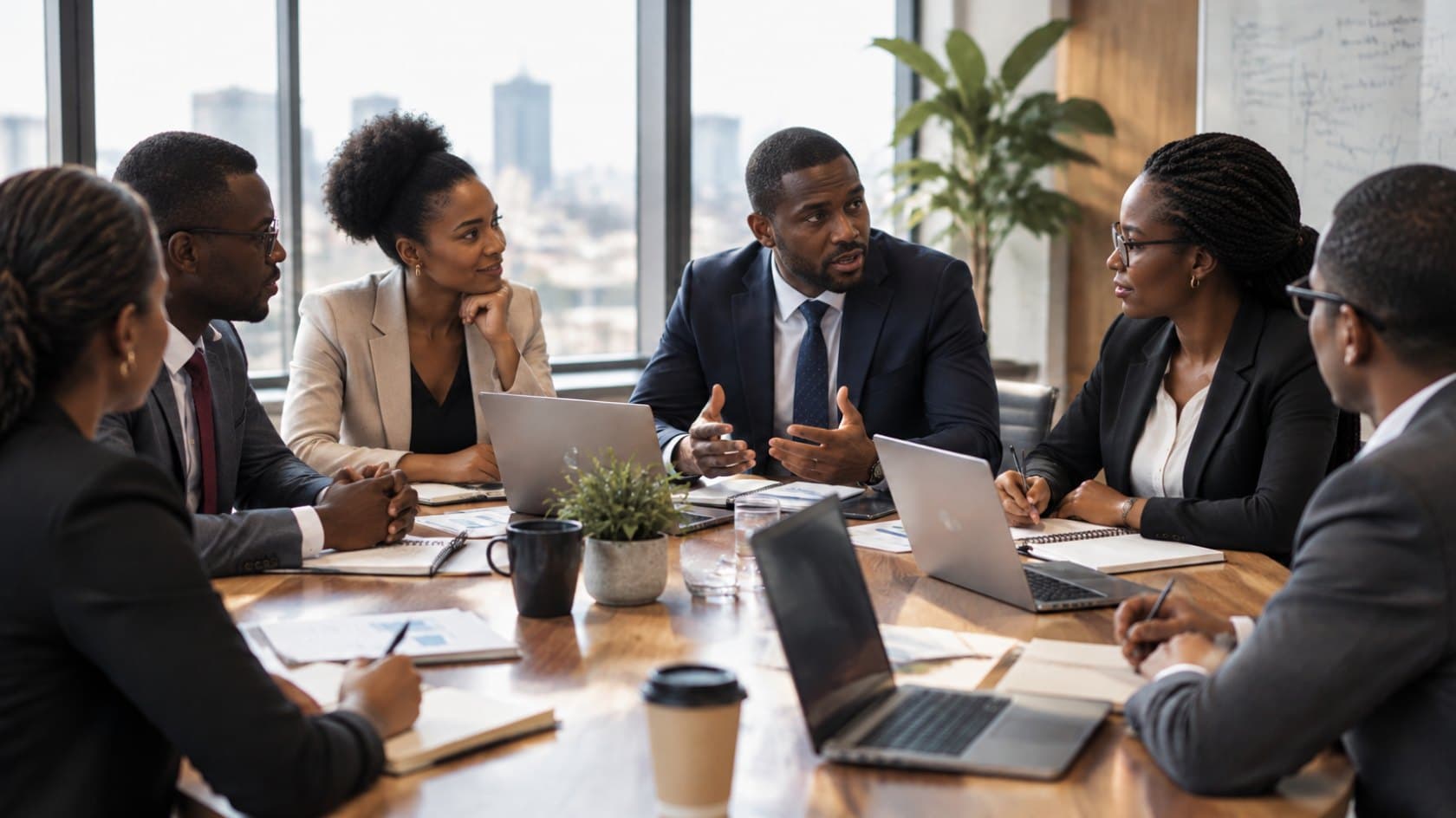 Professionals in a strategy meeting around a boardroom table overlooking the city